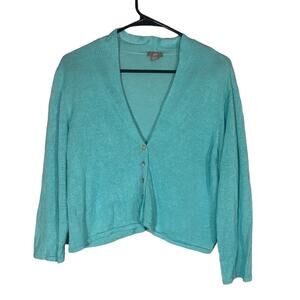 J. Jill WomensTeal Blue Linen Blend Long Sleeve Button Front Knit Sweater Sz Lg